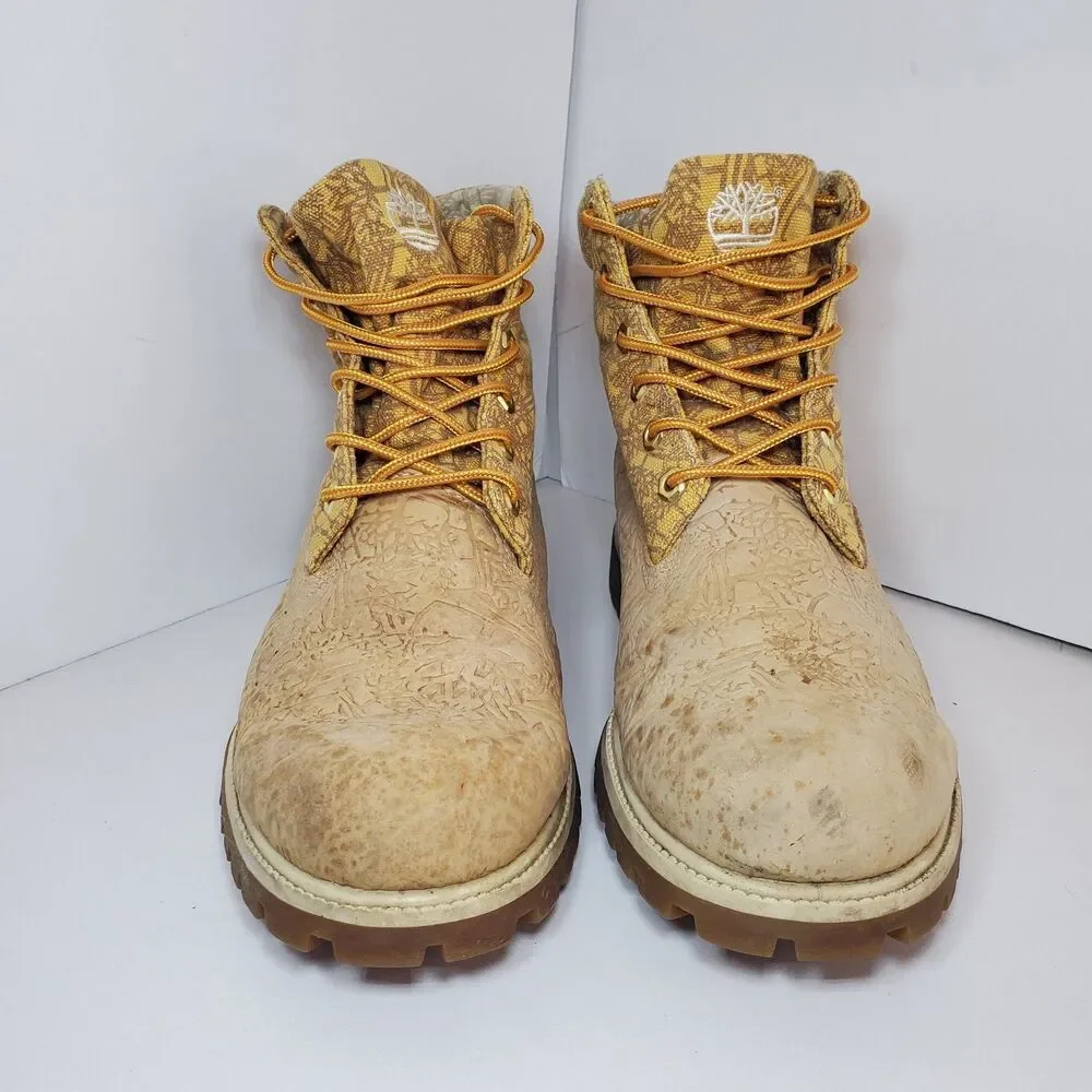 Rare Timberland Mens Anti Fatigue Canvas Embossed Leather Lace Up Boots Sz 11.5